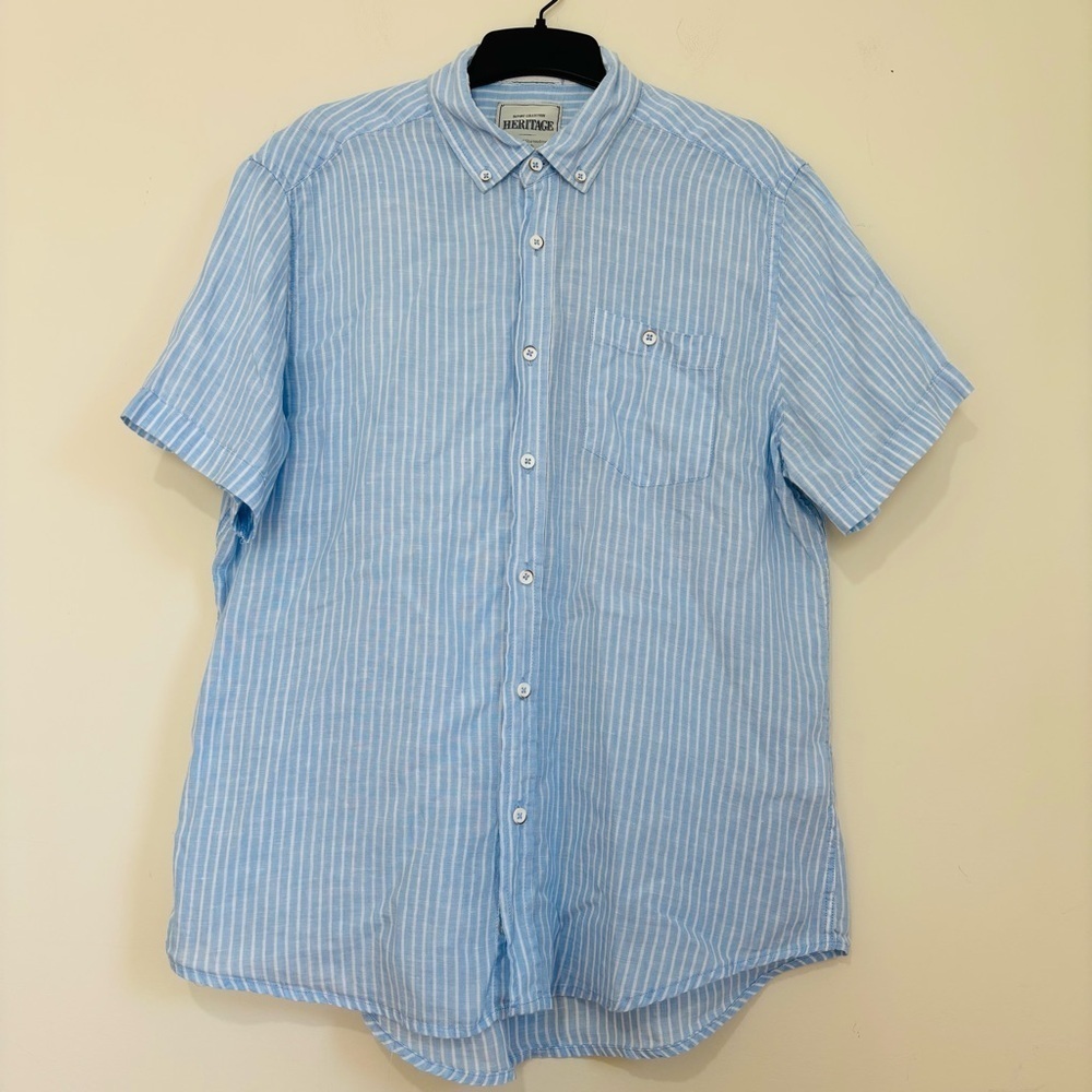 Report Collection Linen Blue White Striped Button Up Heritage Short Sleeve Shirt